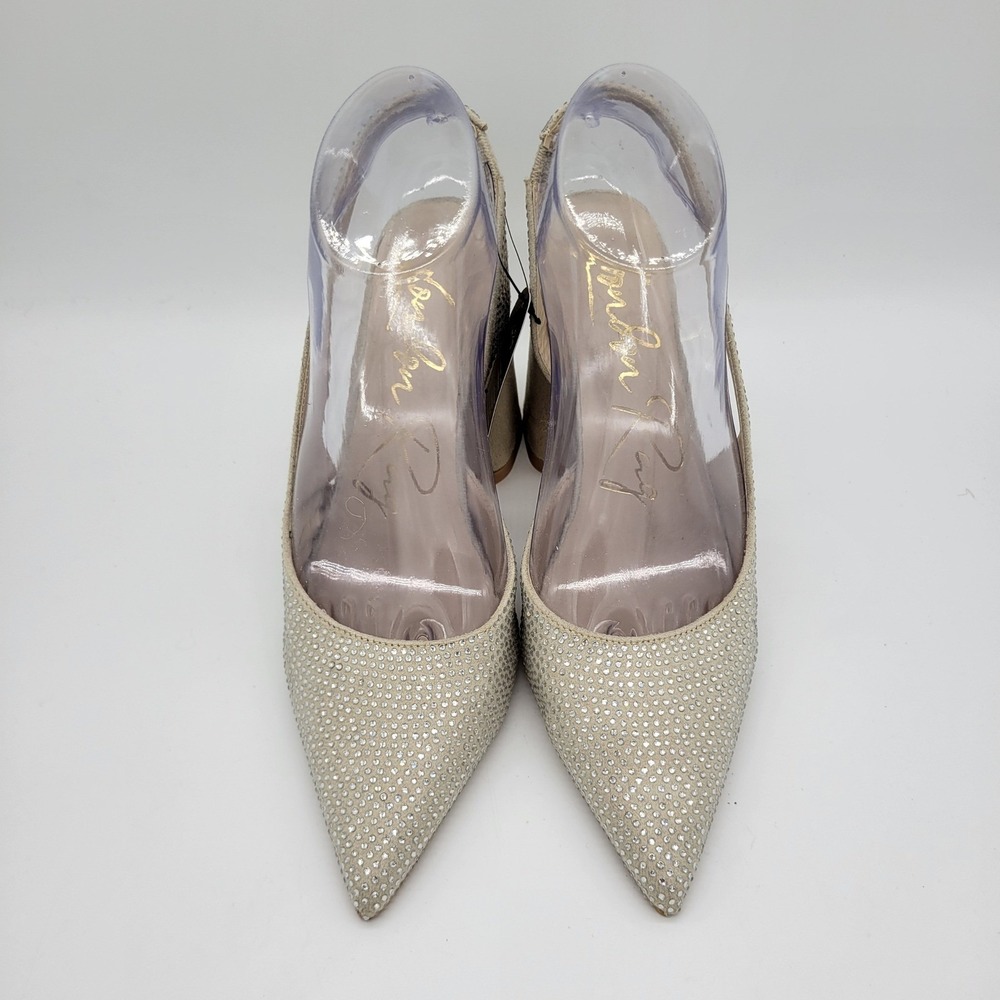 NEW London Rag Beige Rhinestone Slingback Block Heel Pointed Toe Pumps Womens 7